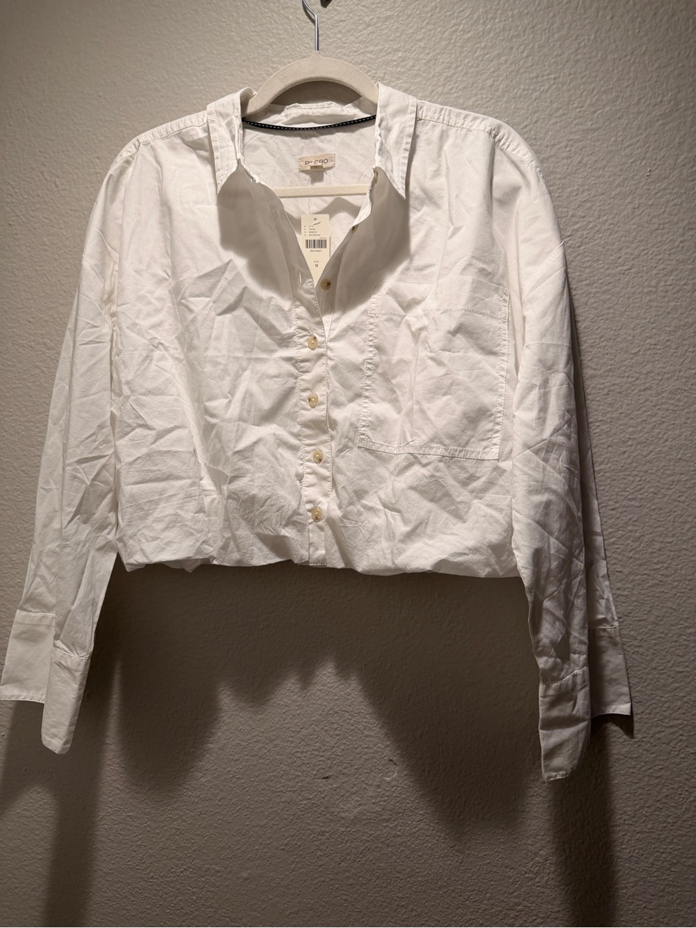 Pilcro White Cropped Bubble Hem Button-Down Shirt